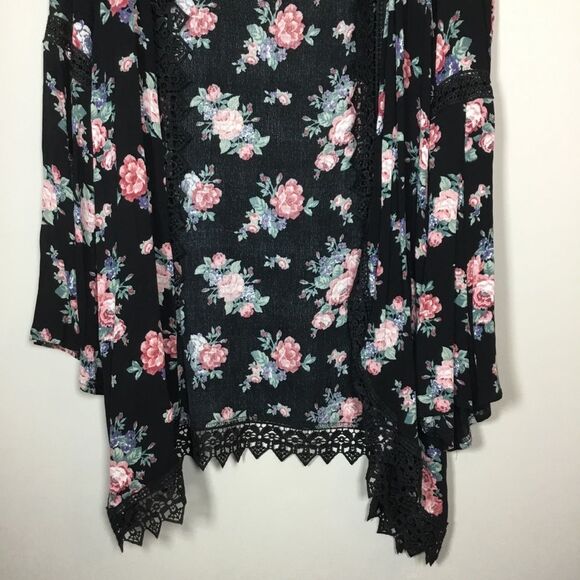 Bell sleeve roses pattern embroidery black cover up duster boho hippie floaty 2X - Picture 4 of 9